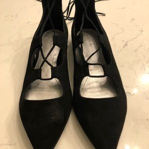 Lace up point toe faux suede and silver flats